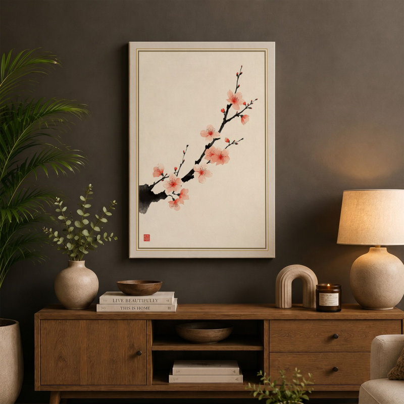 Flowering Branch in Bloom Japandi - Wrapped Canvas, 30x20 - 76.2 x 50.8 cm, White Border