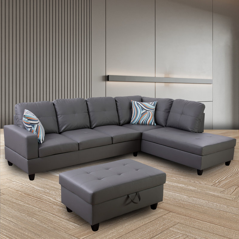 Elsiana 3 Piece Faux Leather Modular Living Room Set, Leather Couch Set, Left Hand Facing, Gray Faux Leather