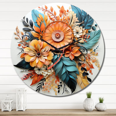 Orange Boho Flowers And Blue Feathers II Metal Wall Clock