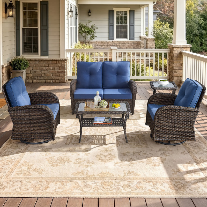 Ensemble de conversation de patio extérieur en résine tressée de 5 pièces, résistant aux intempéries, avec chaises pivotantes