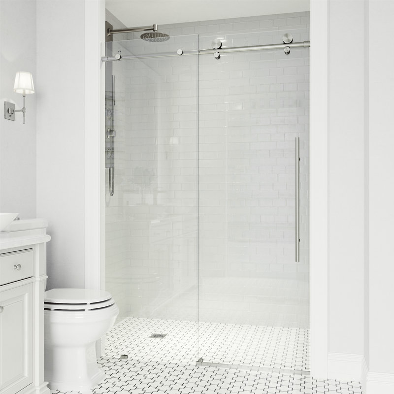 Elan E-Class 64-68" W x 76" H Sliding Frameless Shower Door with 3/8" Clear Glass, Stainless Steel