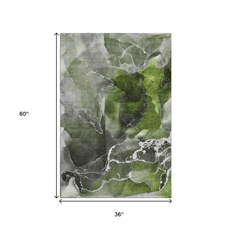 3' X 5' Green And Charcoal Abstract Washable Area Rug With UV Protection