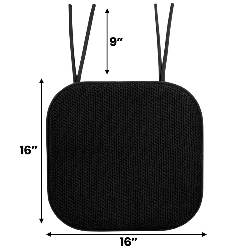 Honeycomb Memory Foam Non-Slip 16" x 16" Chair Cushion Pad with Ties, Black, 2