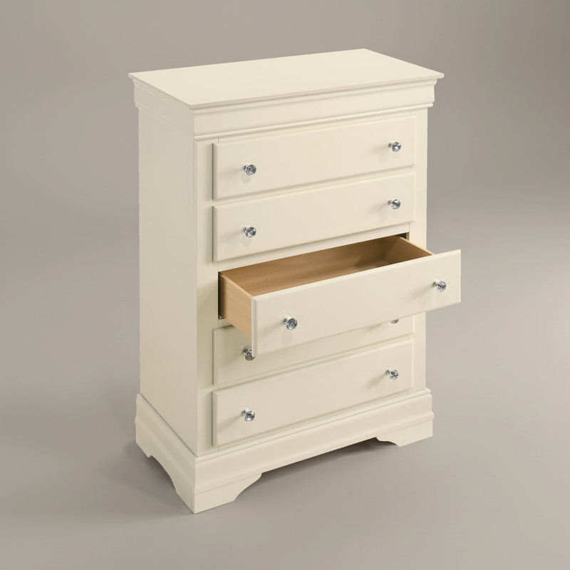 Commode 5 tiroirs en bois massif Barvelle, Ivoire ivoire