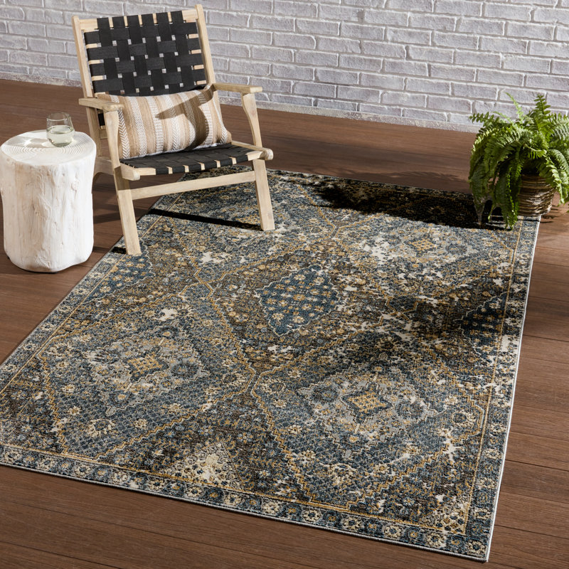 Tapis intérieur / extérieur bleu / gris / or Forand, Rectangle 5 pi x 7 pi 3 po