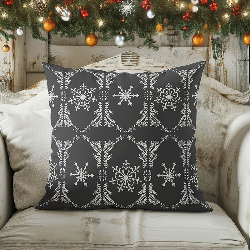 Coussin décoratif d'intérieur à motif de flocons de neige, Carré 20 po, Argent / gris anthracite
