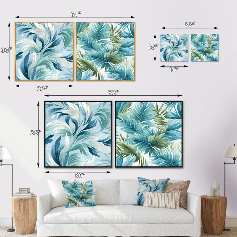Azur brise motif tropical III - ensemble de collage carré floral 2, Cadre flottant doré, H 16 po x l 33 po