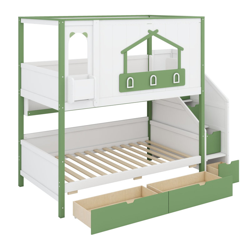 Lit superposé avec conception de cabane et rangement sous l'escalier pour des chambres ludiques, Twin over Twin, White+Green