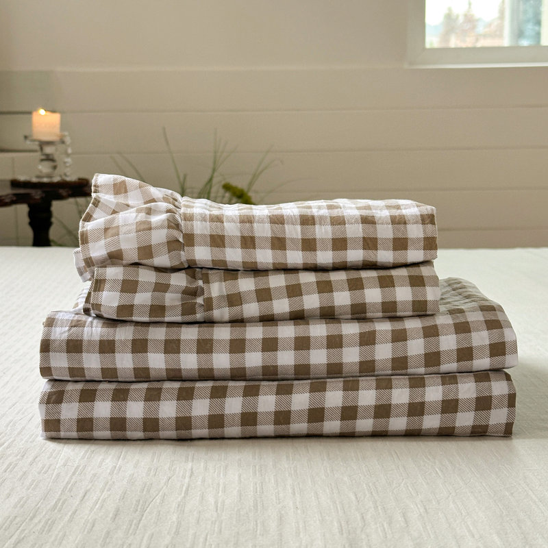 Ensemble de draps Gingham Ruffle, Guingan brun clair, Très grand lit