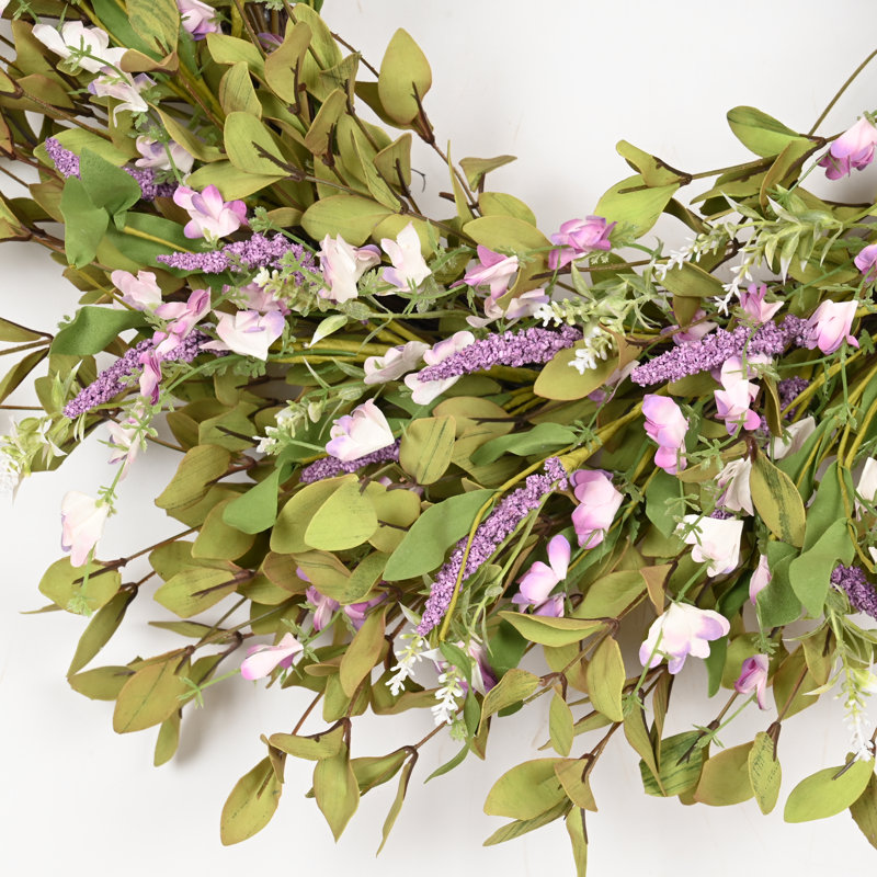 Couronne de fleurs artificielle 26 po pour la porte d'entrée, Vert/mauve
