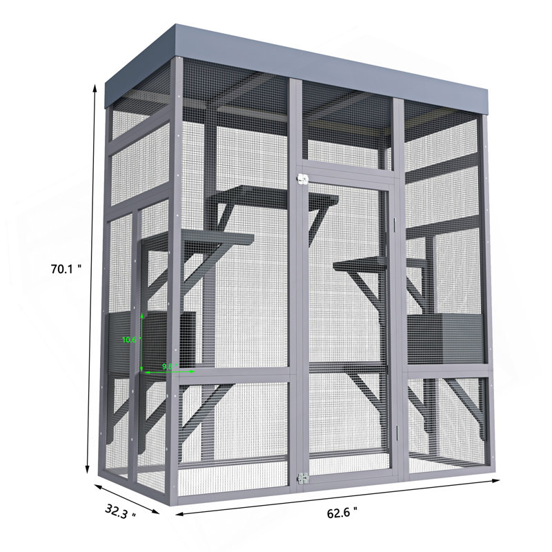 Enclos pour animaux 62,6 po en bois gris avec couvercle imperméable, cage pour chat et petits animaux spacieuse et sécurisée, fil métallique antirouille