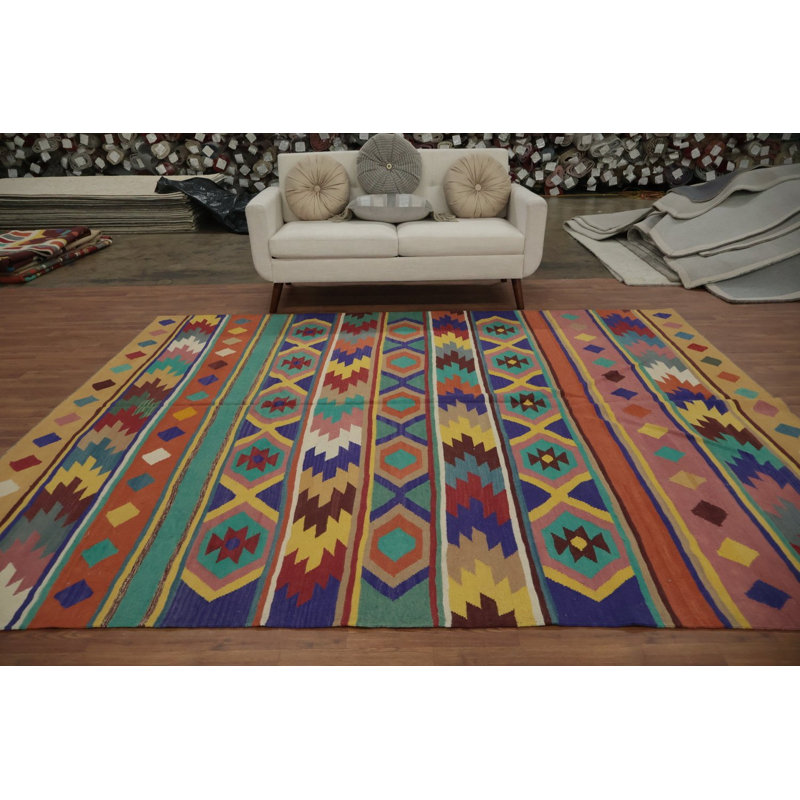 Tapis bohémien texturé Kilim 8 x 10 avec rayures dynamiques