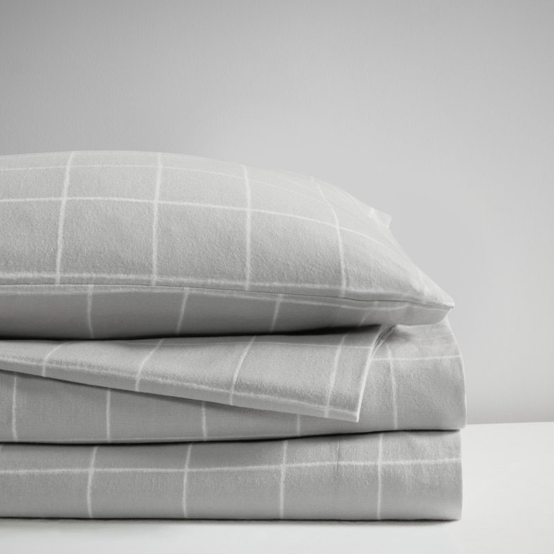 Cozy Flannel 100% Cotton Sheet Set, Queen Sheet Set with 2 Pillowcases, Gray Windowpane