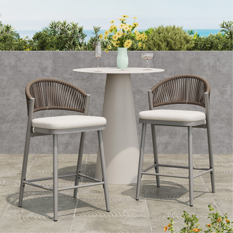 Tabouret de patio Eisen, Coussin beige / structure en fer gris mat, Tabouret de comptoir (siège d'une hauteur de 26 p, 2
