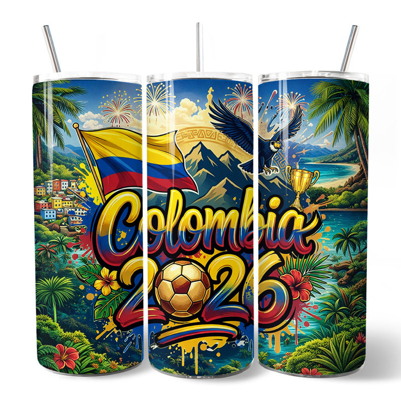 Gobelet 20 oz de la Coupe du monde de soccer de la Colombie avec couvercle et paille en acier inoxydable