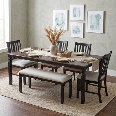 6-Piece Extendable Farmhouse Dining Table Set with Rectangular Table, Four Upholstered Chairs and Bench