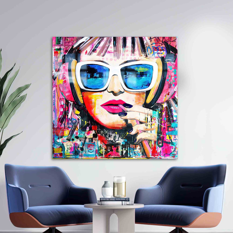 Graffiti abstrait imprimé sur verre trempé avec des lèvres de femme pour une décoration murale, H 39,4 po x l 39,4 po
