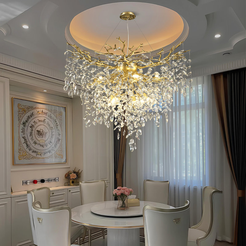 Dimmable K9 Crystal Round Tree Branches Chandeliers with Crystal Accents, Gold, 35.4" H x 39.3" W x 39.3" D