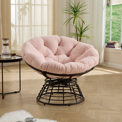 360 Swivel Indoor Outdoor Chair With Ergonomic Design, Soft Thick Pink Cushion, Brown Frame, For Living Room Steel Frame And Fabric, Bedroom