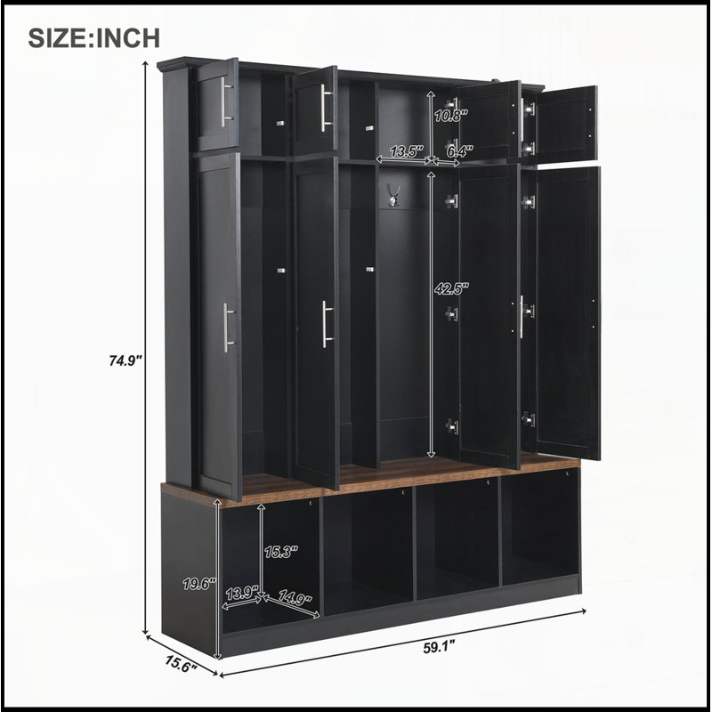 Hall Tree with 4 Hanging Hooks,Entryway Cabinet with Open Compartments, Black