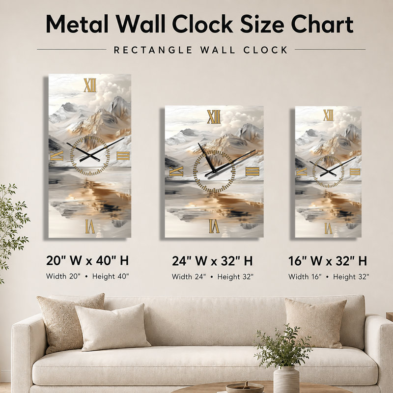 Reflets de la Montagne Dorée I - Horloge murale décorative Japandi, imprimée sur métal, H 32 po x l 24 po - Rectangle