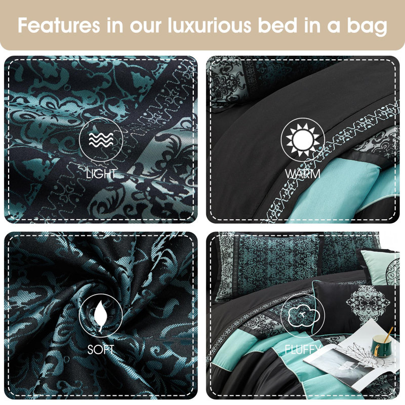 California King Aqua and Black Jacquard Comforter Set, 12 Pieces