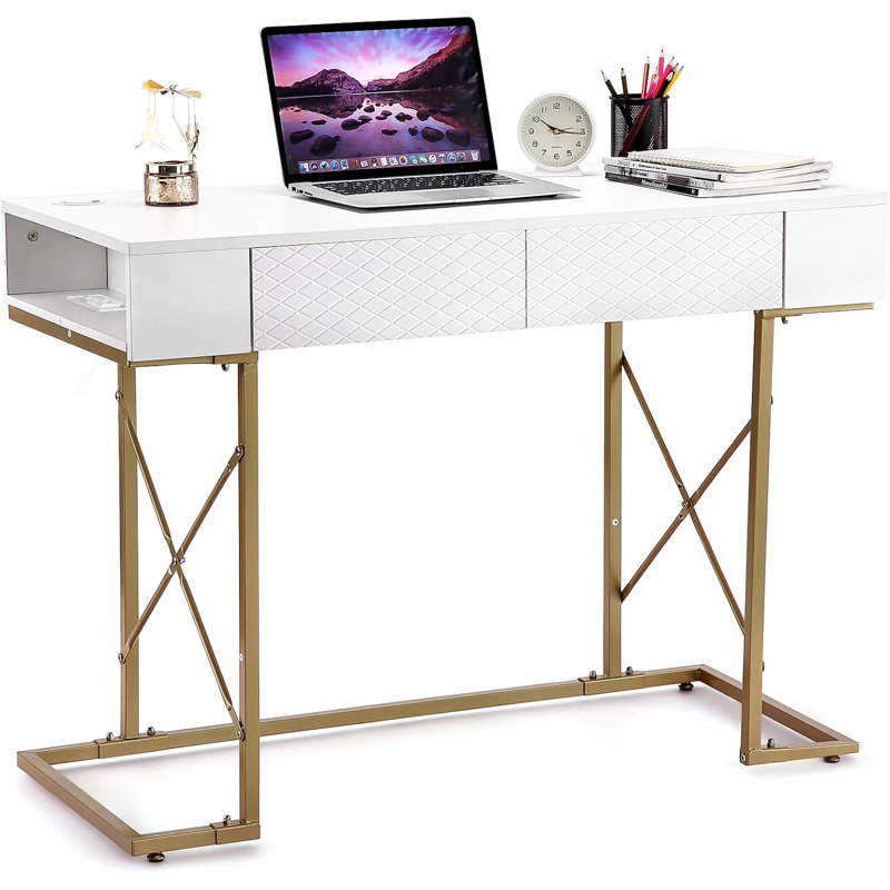 Bureau blanc à domicile, bureau d'ordinateur de 42 pouces, bureau d'écriture simple et moderne avec tiroirs de rangement et station de charge