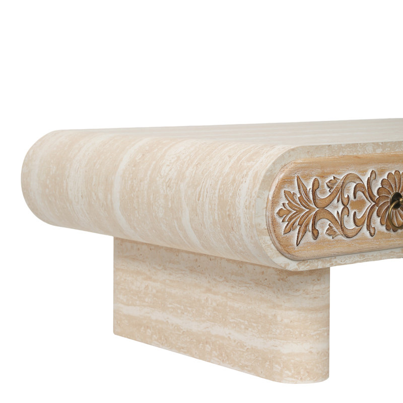39.4" Modern Rounded Edge Coffee Table With Hand-Carved Flower Pattern Drawers And Thick Cylindrical Legs(Beige)