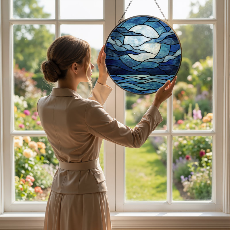 12"H Moon Waves Stained Glass Window Panel, 12" H x 12" W