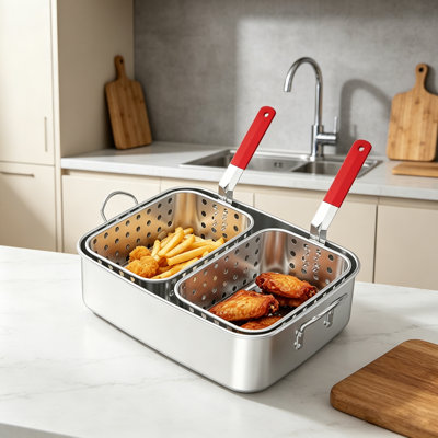 18QT Aluminum Deep Fryer Pot with 2 Baskets & Heat-Resistant Silicone Handles Lightweight & Durable Fish Fryers Outdoor Cooking Rectangular Fish Fryer Basket for Outdoor Fryer