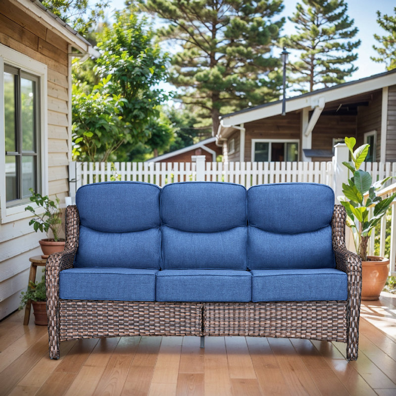Canapé d'extérieur rotin en osier de 71 po avec coussins de 6 po Deb, Bleu, Brun