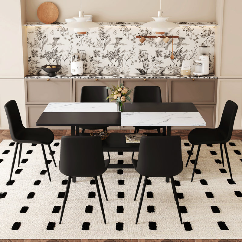Table de salle à manger blanche et noire avec structure de bureau jumelée à 6 chaises en cuir artificiel pour amis, table de bureau, pieds en métal, chaises
