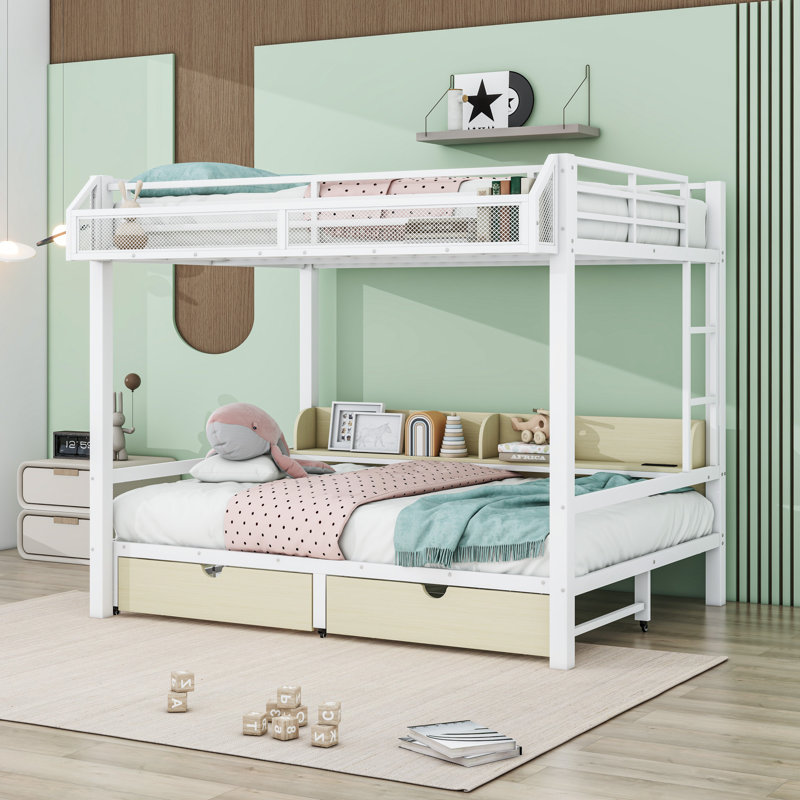 Lit superposé avec tablettes de rangement, tiroirs, ports USB et lumières DEL, Grand sur grand, Blanc