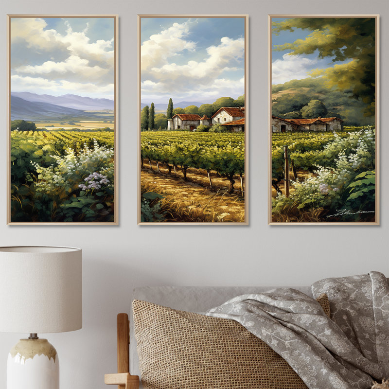 «Vineyard Charm Landscape I», ensemble d'art mural Vineyard, H 40 po x l 60 po, Cadre flottant en érable