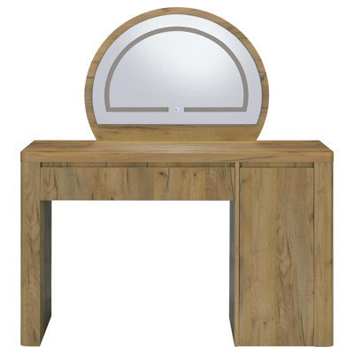 Irwin Makeup Vanity Table with Arched LED Mirror, Drawer and Cabinet Storage, Rustic Oak