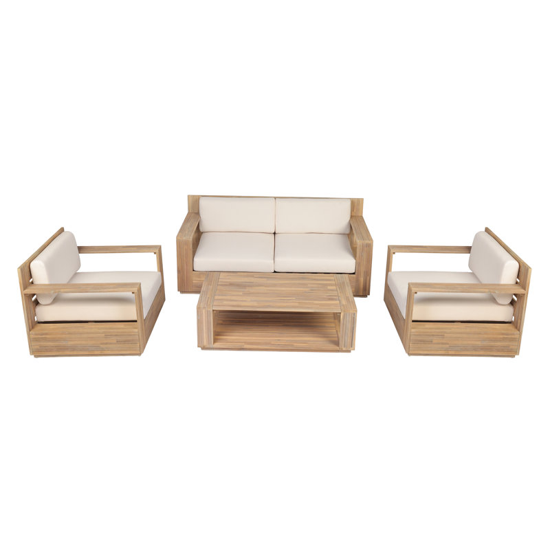 Ensemble de conversation extérieure moderne Tessa en bois d'acacia pour 4 personnes avec fauteuils club, canapé et table basse pour patio et véranda