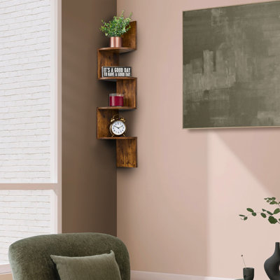 5-Tier Zig Zag Geometric Corner Wall Book Shelf Unit, Floating Wall Shelf