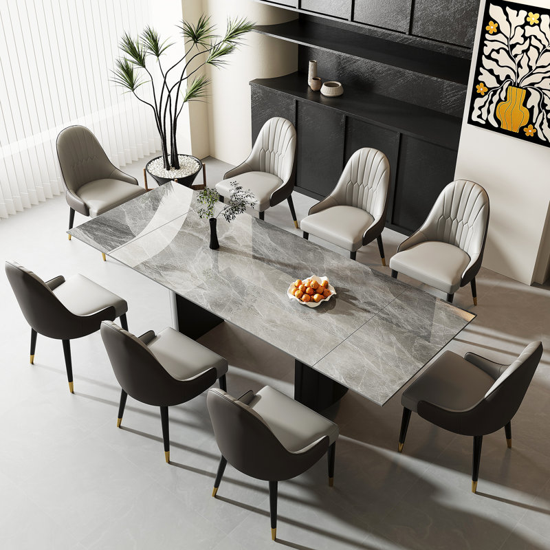 Sammie 9 - Piece 94.48'' Extendable Sintered Stone Dining Table with 8 Leather Chairs Dining Set, Italian Gray, Black