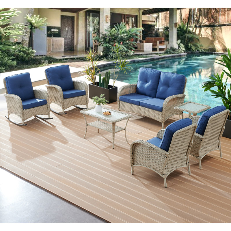 Wicker 6 - Person Patio Conversation Set with Cushions, Gray, Blue