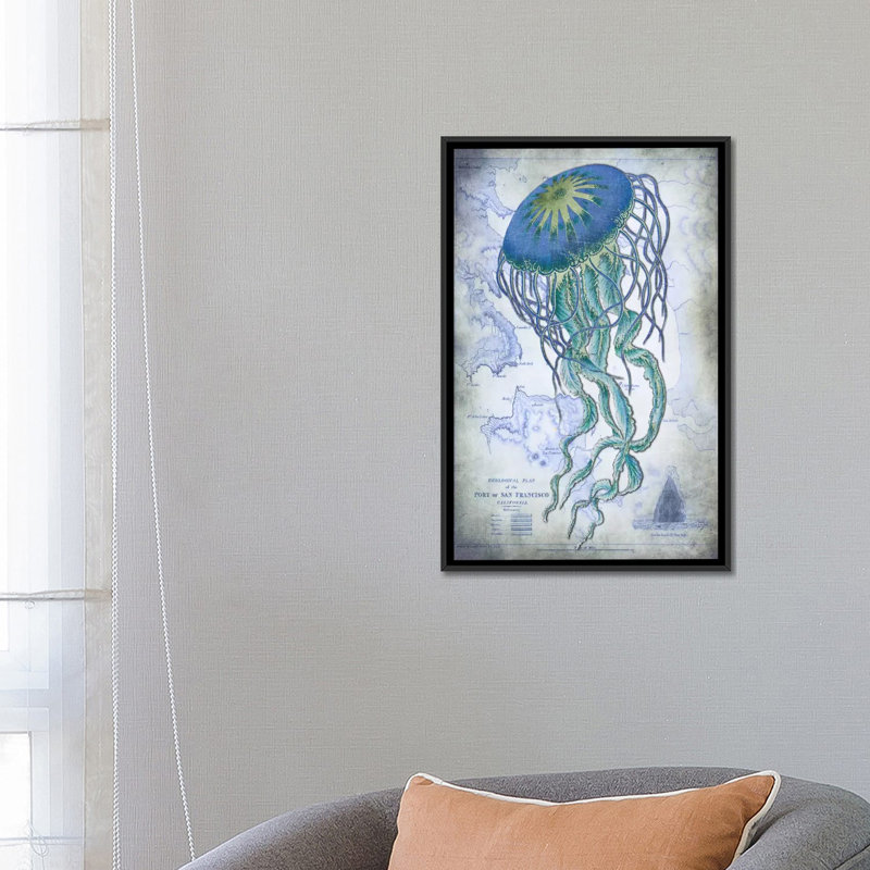 «Jellyfish on Image of Nautical Map», impression sur toile, H 26 po x l 18 po x P 1,5 po, Toile avec cadre noir, Pas de tapis