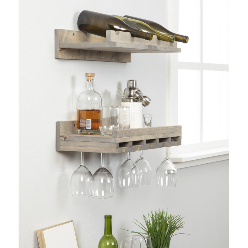 Support à vin à et à verres à fixation murale en bois massif Blende, Gris, H 4,25 po x l 24 po x P 10 po