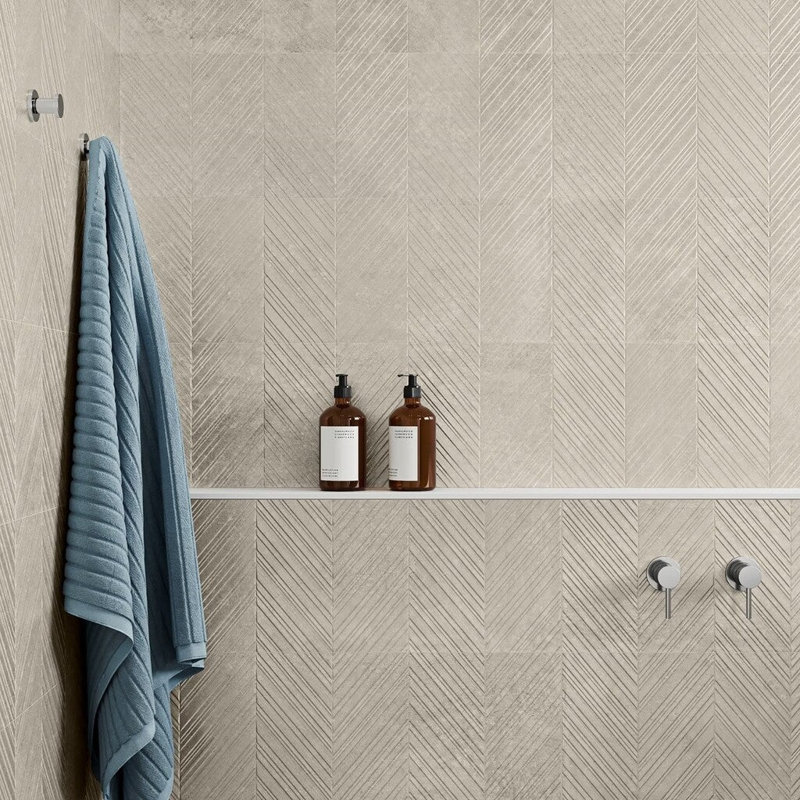 Stoneside 12x36 Chevron Textured Matte Ceramic Tile, Cream Beige