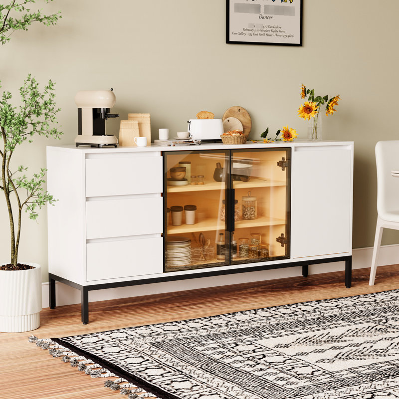 Buffet blanc classique pour la cuisine et le salon, avec comptoir à 3 tiroirs