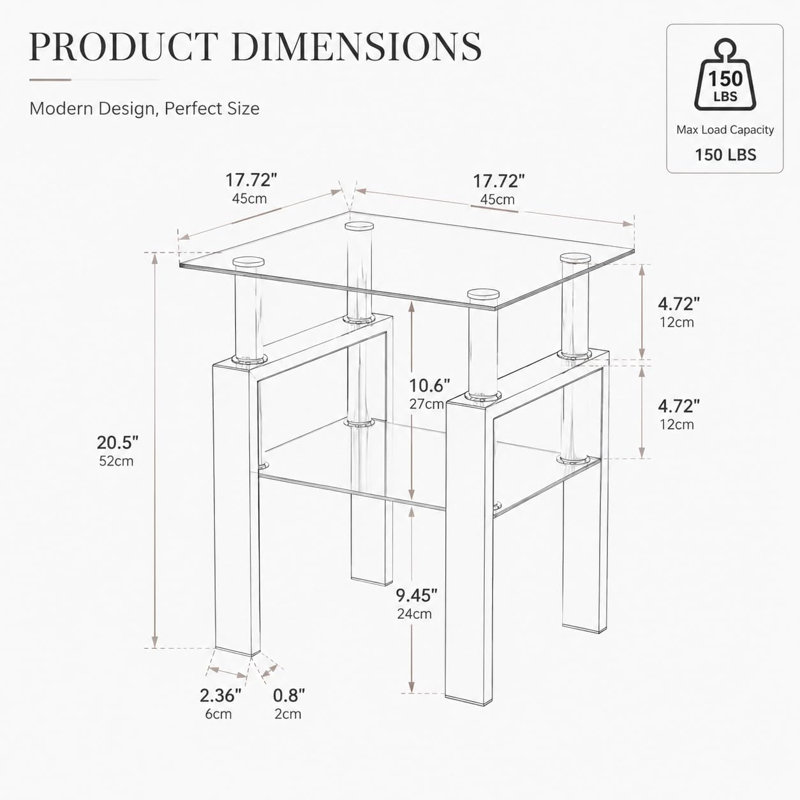 Catasha Glass End Table, Black, 20.5" H x 17.72" W x 17.72" D, 1