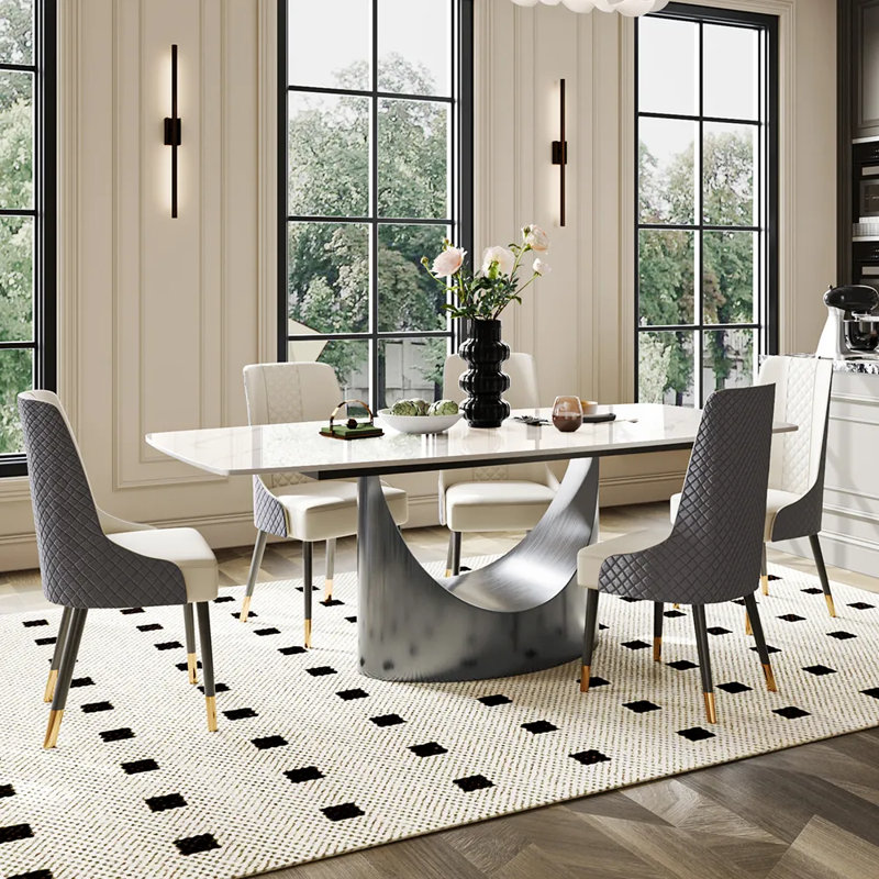 Modern Minimalist Rectangular Sintered Stone Dining Table with Pedestal Base, 30"H x 70"L x 35"W, Glossy White, Gray
