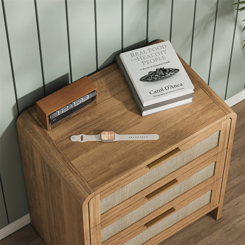 Table de chevet en rotin avec 3 tiroirs, ensemble de 2, Caramel
