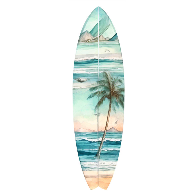 Small Tropical Palm Surfboard Coastal Wall Art in Birchwood