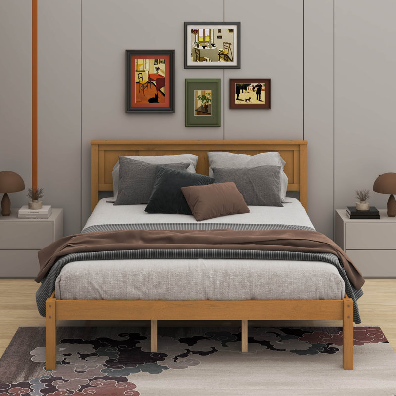 Platform Bed Frame With Headboard, Oak, Queen