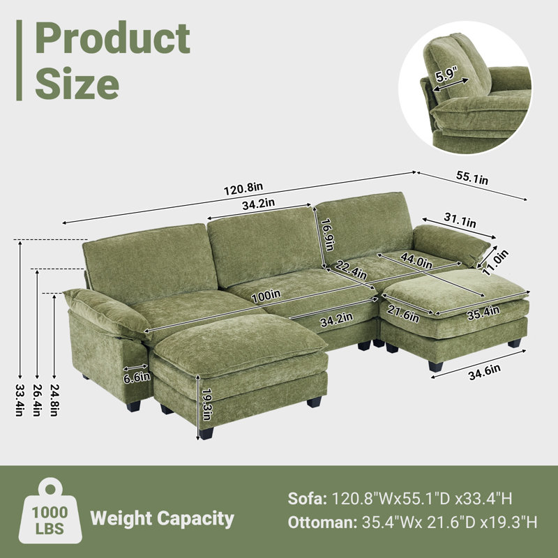 Shugar Solid and Manufactured Wood U-Shaped Sectional, Green Chenille