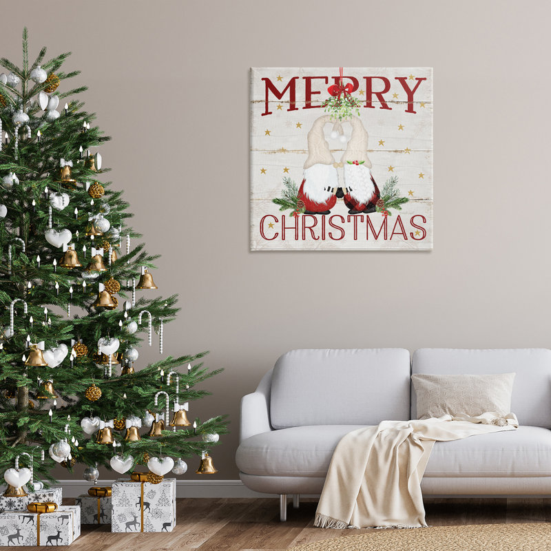 «Holiday Gnomes Under Mistletoe», art mural encadré sur toile flottante par Jennifer Pugh, H 36 po x l 36 po